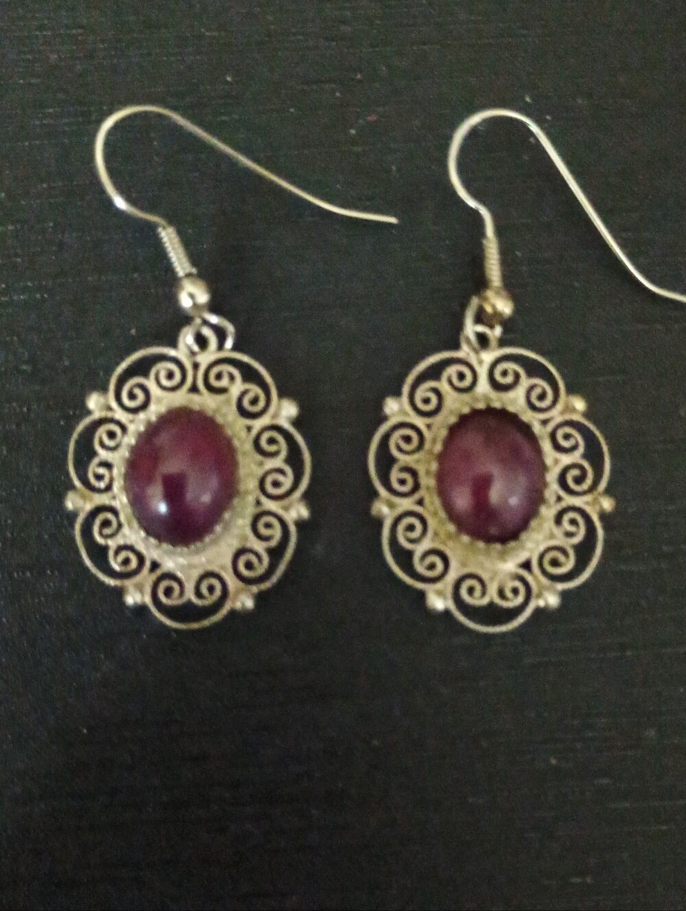 Silver 800 Filigree Drop Earrings with Deep Purple Naturel Stone  Cabochons